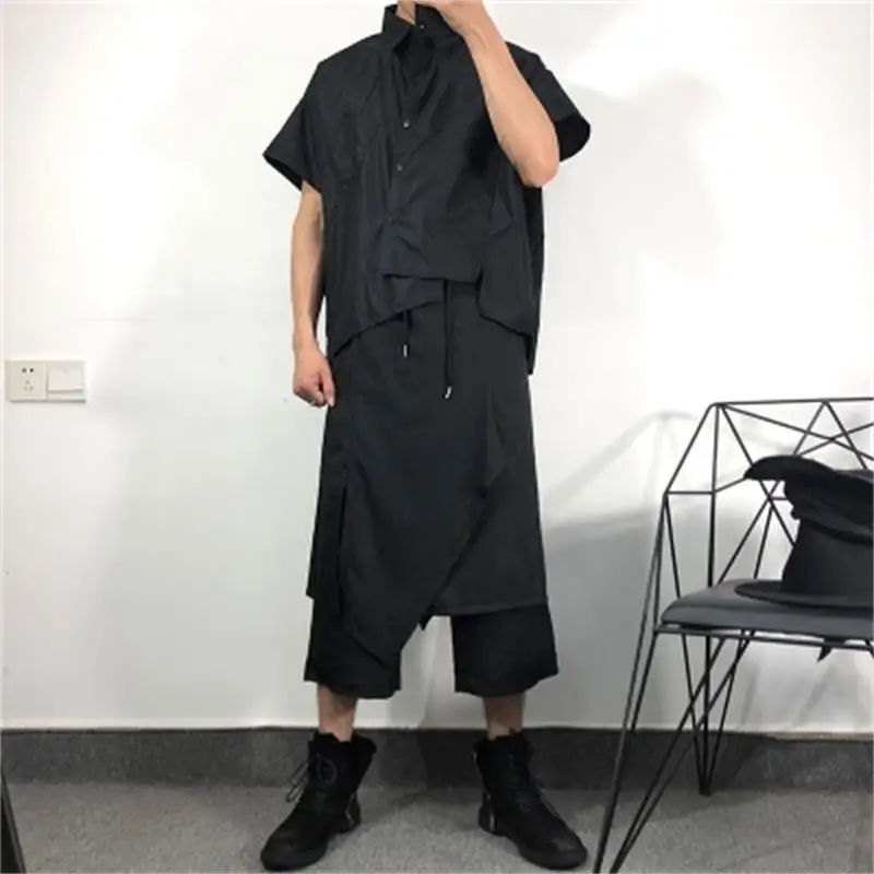 

Original new style fashionable male personality designer false two loose culottes Japanese dark wind irregular Capri Pants