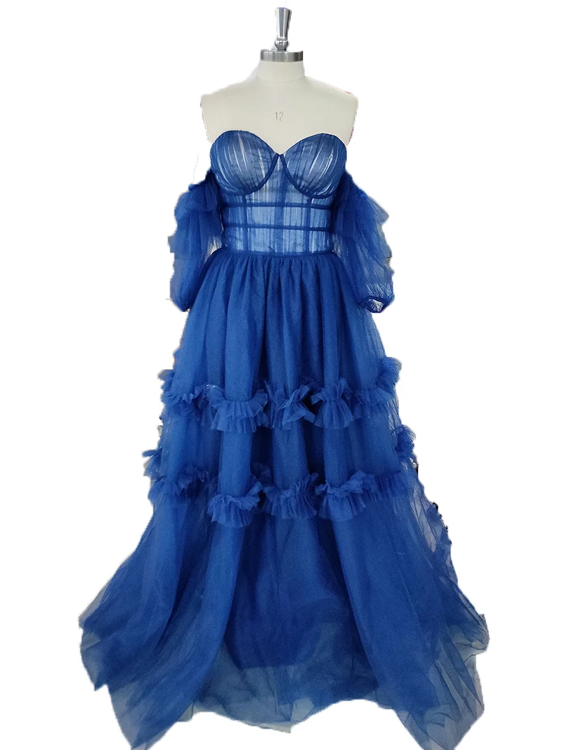 Smileven – robe longue de soirée en Tulle, épaules dénudées, col en cœur, à volants, robe de bal de forme trapèze, de standing, bleu marine