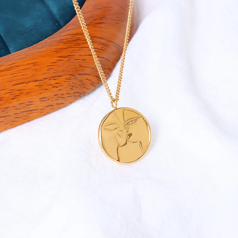 INS Hot Waterproof Stainless Steel PVD Gold Plated Round Convex Face Pendant Necklace For Women Girl Fashion Jewelry Gift