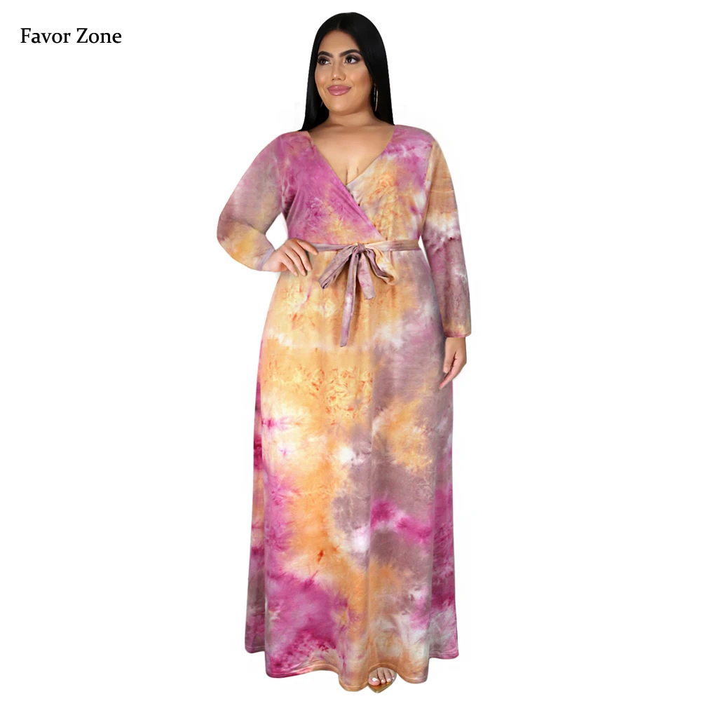 Plus Size Tie Dye Long Dress Women Winter Autumn Long Sleeve Sexy V-neck High Waist Split Bandage Casual Fashion Maxi Dress 5XL