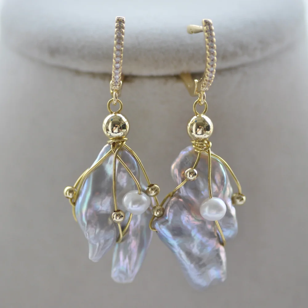 

MTC·STAR Z10549 Handmade 30mm Gray Lavender Baroque Keshi Pearl Twine Dangle Earring CZ