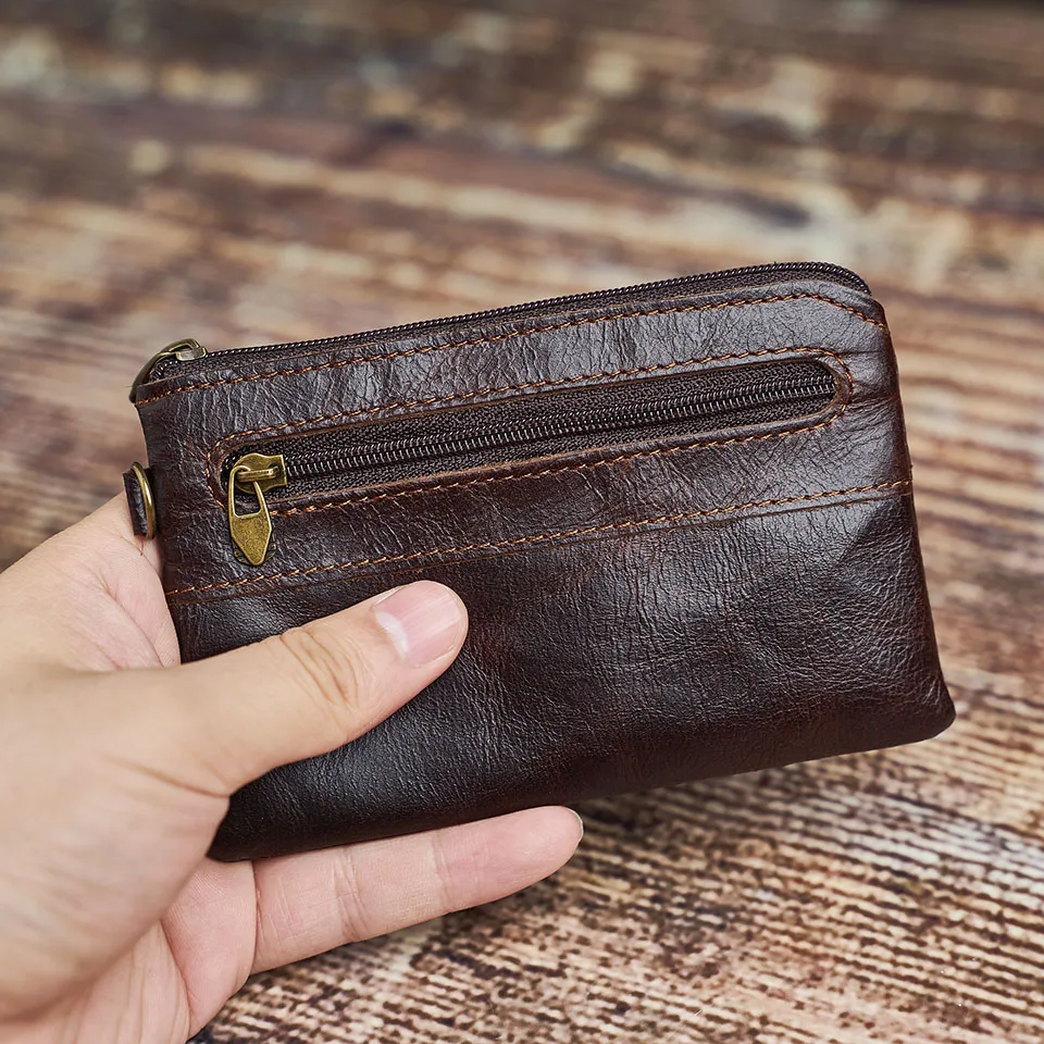 Nupugoo-Vintage kleine Geldbörse für Männer, Mini-Brieftasche, Echt ledertasche, braune lässige kleine Tasche, Reiß verschluss tasche, Schlüssel geld – Detail 6