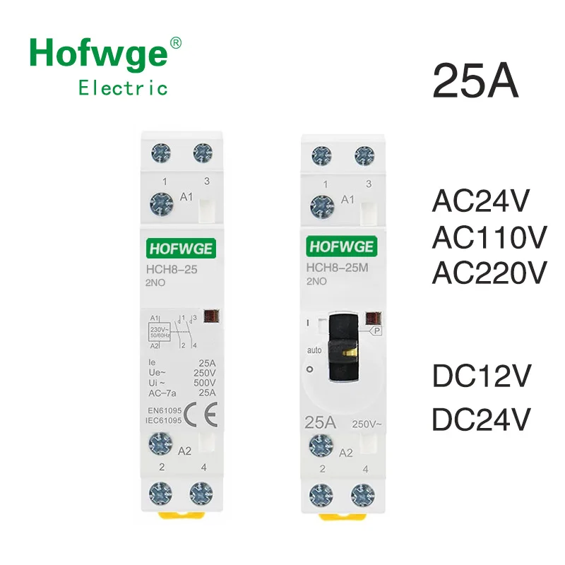 HCH8-25 DC Contactor 2P 25A 2NO 1NO1NC 2NC  DC12V DC24V Automatic Householdr Contactor Din Rail Type