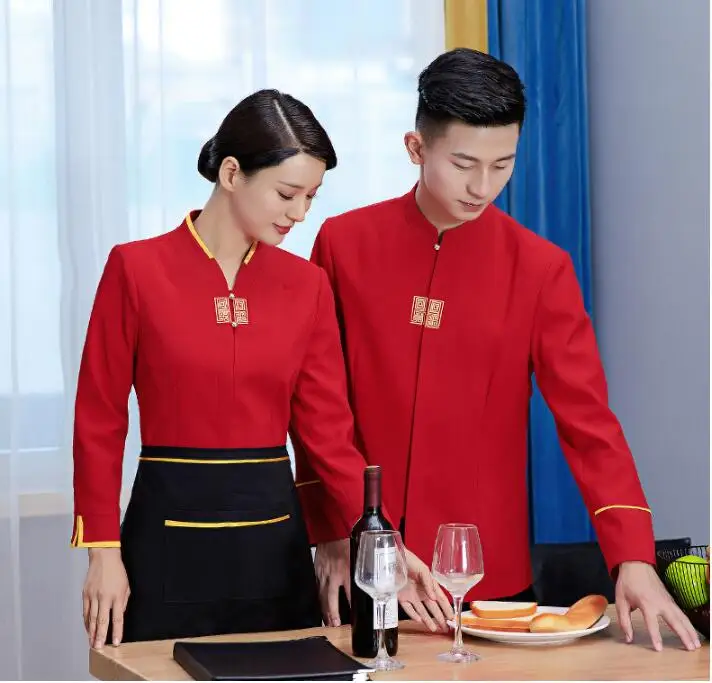 

Chinese Restaurant Waiter Uniform Hotel Work Attendant Red Spring Jacket Women Tops New