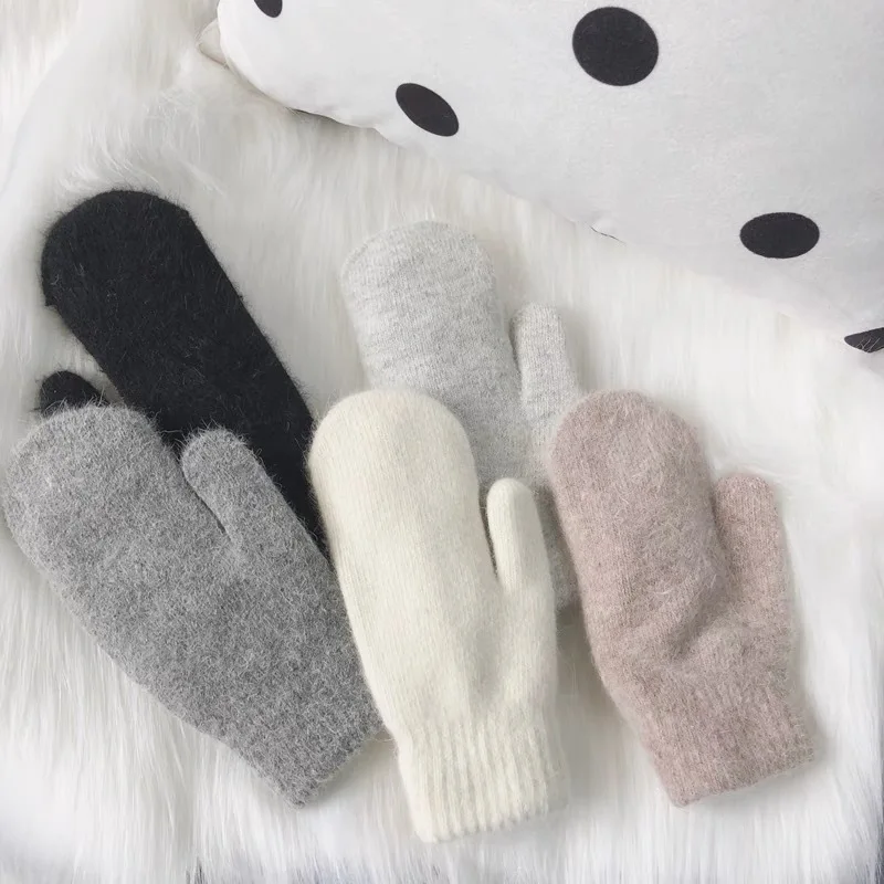 

Women Winter Double Layer Plush Inside Thick Stretch Knit Cashmere Warm Mitten Female Cute Full Fingers Sport Cycling Glove O13