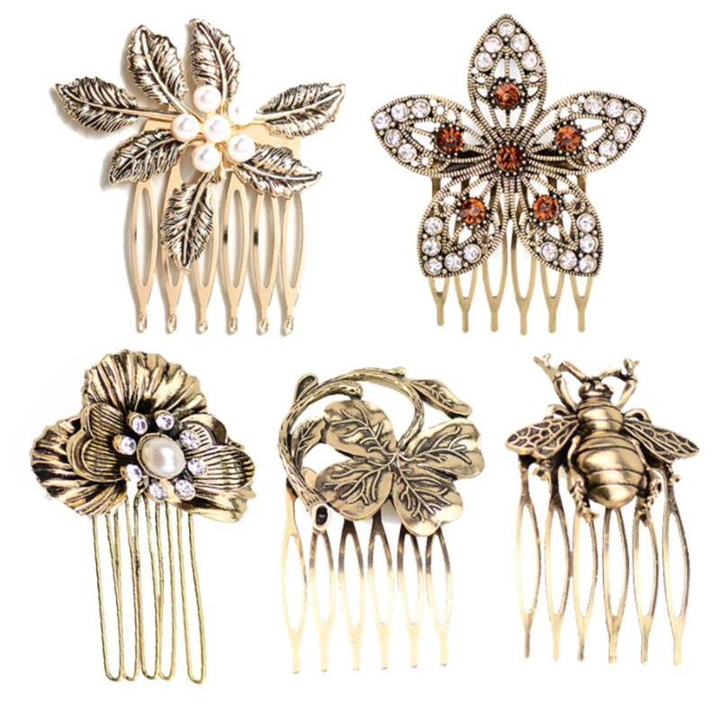 European and American retro diamond hair comb insert comb antique headdress leaf pearl hairpin