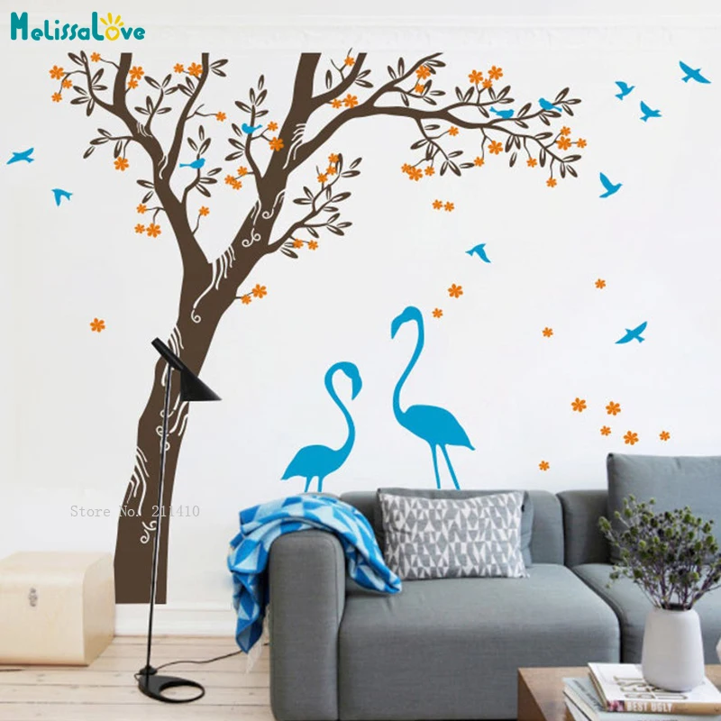 

Custom Three Colors Tree Wall Decal Flamingo Under The Large Size Plant Sticker Removable DIY Murals YT5462