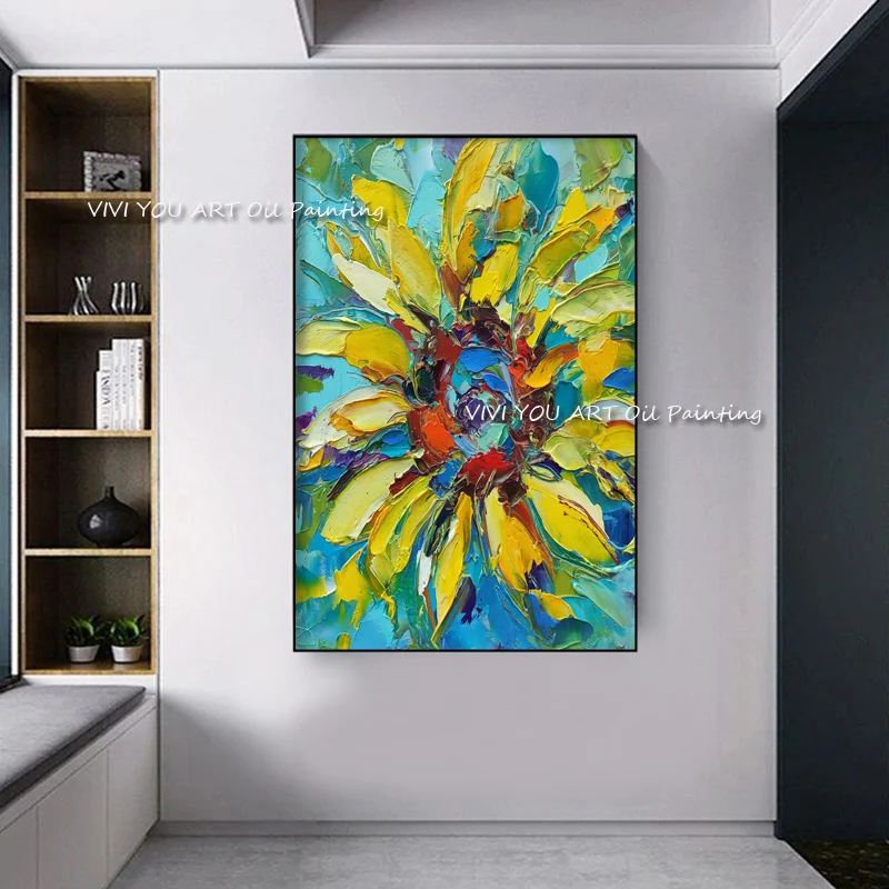 Vertical Palette Knife Sunflower Canvas Painting, 100% Handmade Bright Flower Abstract Wall Art, Frameless Entryway Decor