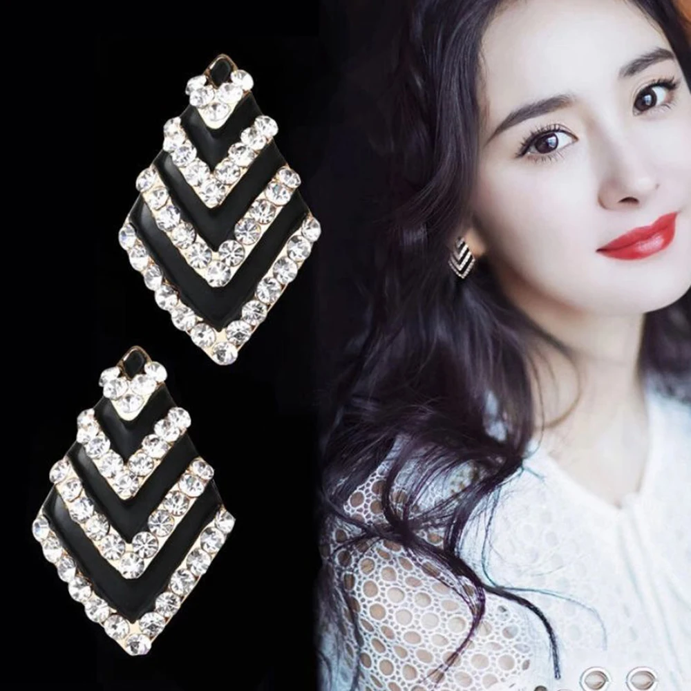 GRACE JUN New Gold Color Black Color Shape Clip on Earrings for Women Elegant Rhinestone Clip Earrings No Ear Hole Earrings