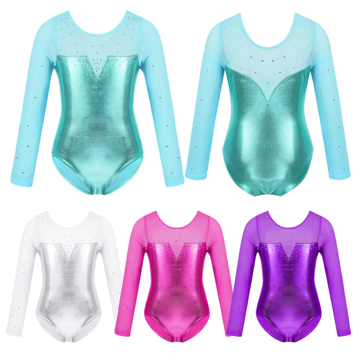 Girls Sparkly Metallic Dance Leotards Long Sleeve Ballet Leotards for Girls Ballet Practice Dance Costume Gymnastics Leotards