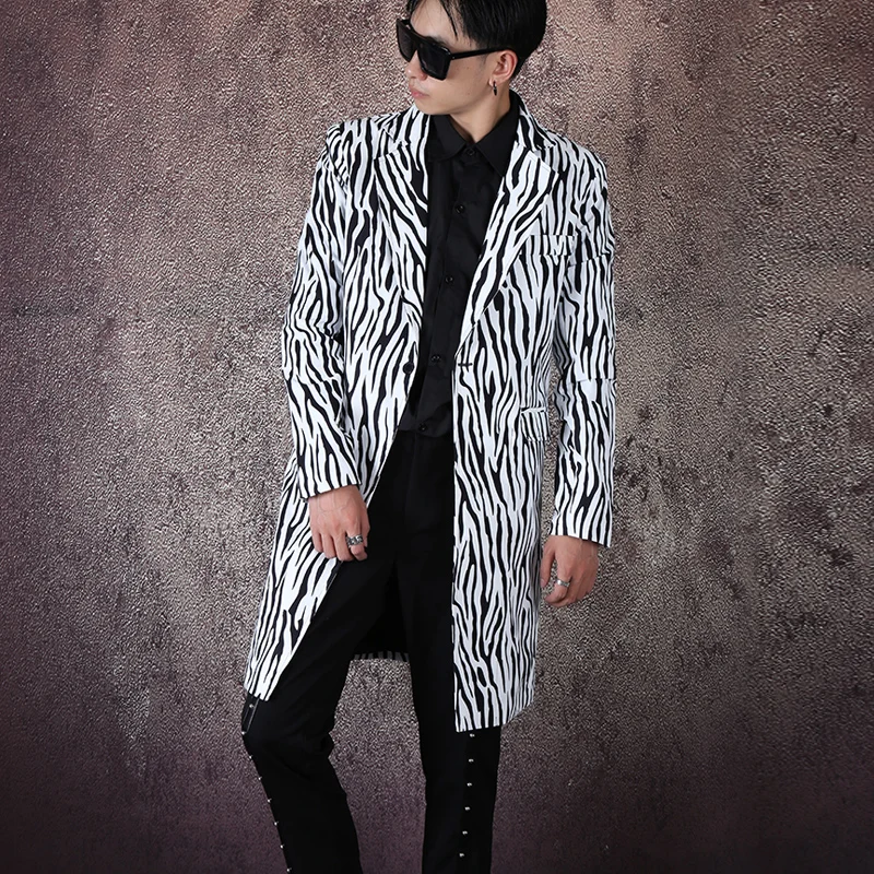 

New Men Fashion Zebra Suit Jacket Mens Long Business Casual Suits Nightclub Tide Male Hair Stylist Coat Dj Stage Costume M-5XL