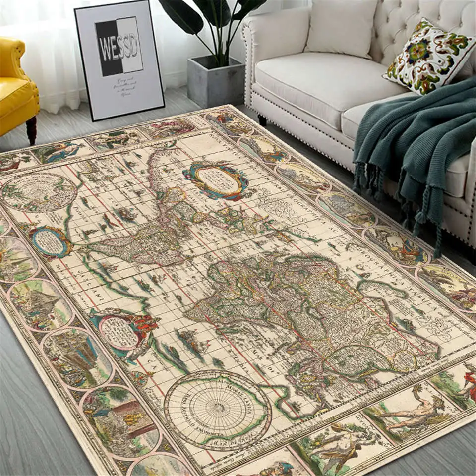 Retro Map Carpet Large Living Room Rug Bedroom Furniture Floor Mat Vintage Decoration Home Flannel Rug Washable Hall Carpet