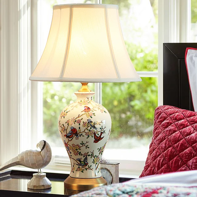 New Chinese style retro ceramic Table Lamps American creative warm copper fabric LED E27 deco lamp bedside&foyer&studio JTSJ002