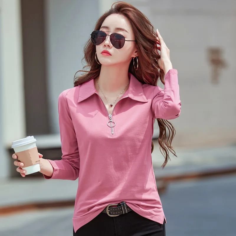 LJSXLS maglietta a maniche lunghe donna cotone stile coreano Slim abbigliamento donna autunno 2024 New Zipper top T-Shirt donna Tee Shirt Femme