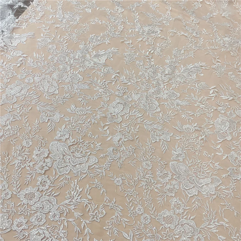 3 Yards $only Good Quality Pure White Floral Sequins Embroidery Lace Fabric Garment Dress French Lace DIY Sewing Material