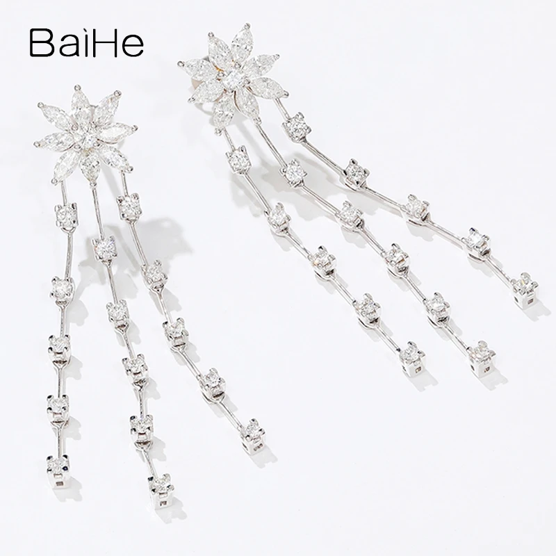 BAIHE Solid 18K White Gold H/SI Natural Diamond Flower Stud Earrings Women Trendy Wedding Party Fine Jewelry Aretes de flores