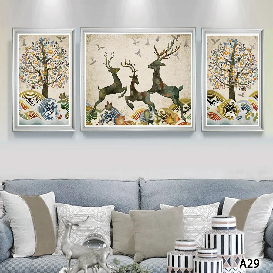 

Modern Abstract Oil Painting Print on Canvas 3pcs Animal Deer and Tree Landscape Canvas Printing Wall Art Picture for Home Decor