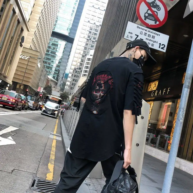 Hip Hop T-shirts Men Harajuku Oversized Tops Tee Japan Tshirt Streetwear Casual High Street T Shirts Black Punk T Shirts Boy