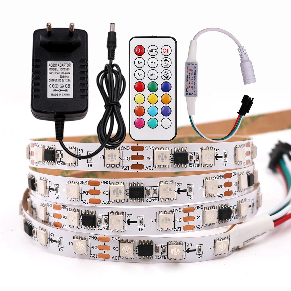 

5050 RGB LED Tape Light Flex Strip 12V Remote Control 60LED/m WS2811 with Power Plug Digital Pixel Ribbon 1m 2m 3m 4m 5m