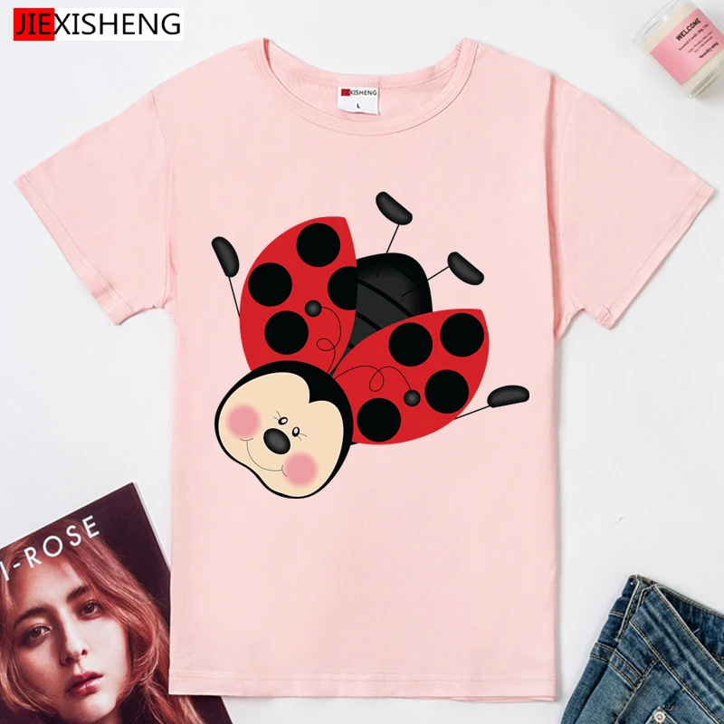 Musim Panas Wanita T Kemeja Lucu Lengan Pendek Leher O Atasan Kartun Ladybug Cetak T-shirt Kawaii Gadis Putih Pakaian Wanita HH519