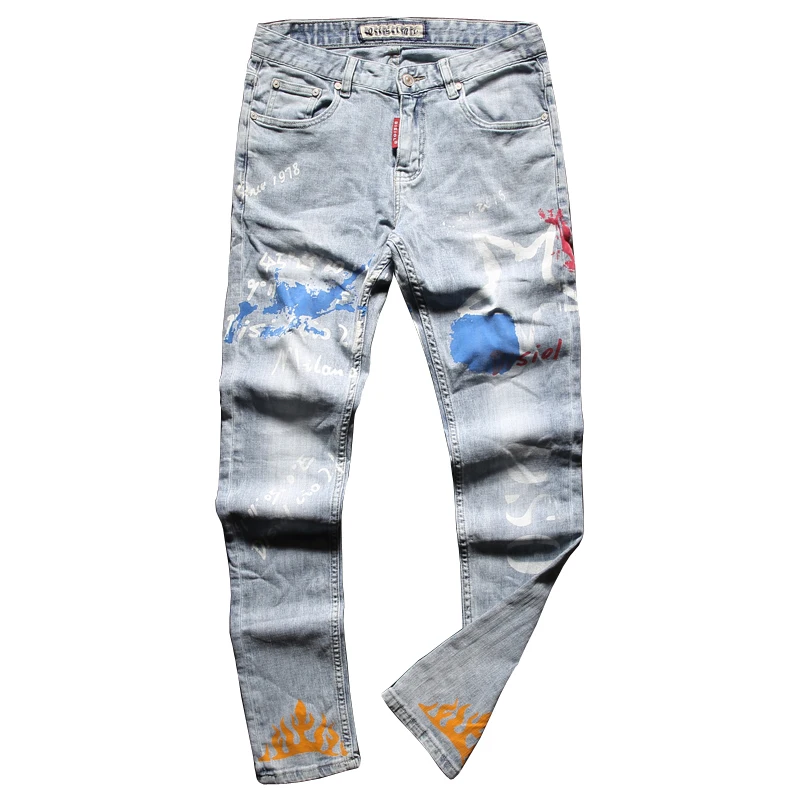 Fashion Printed Light Blue Jeans Men Streetwear Casual Straight Slim Fit Pants Cotton Denim Trousers