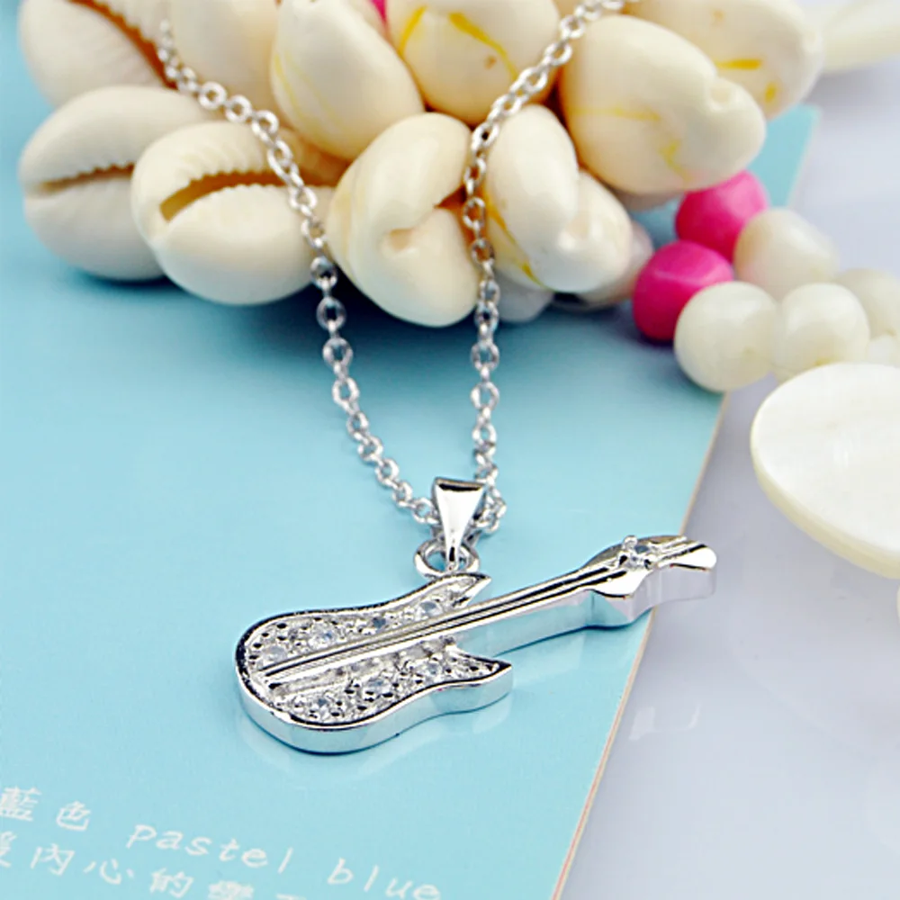 Women's 925 Sterling Silver Guitar Pendant Necklace Delicate Clavicle Chain Fine Jewelry Trendy Music Themed Birthday Gift