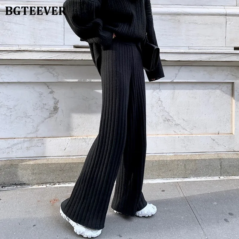 BGTEEVER pantaloni Casual maglione allentati caldi al pavimento per donna autunno inverno pantaloni a maglia a gamba larga a vita alta Femme 2021