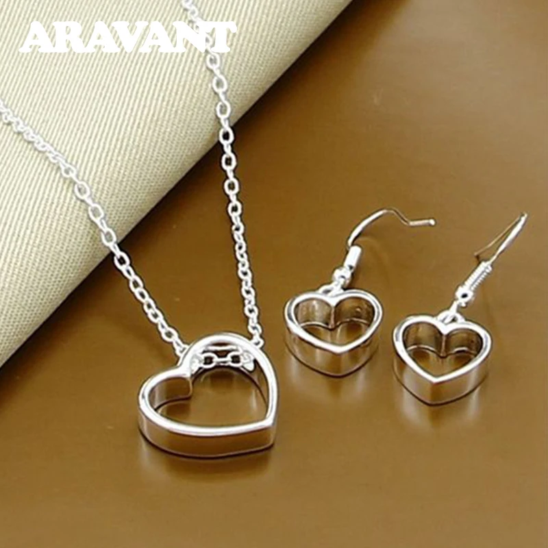 

Aravant 925 Silver Hollow Heart Necklace Chain Drop Earring Sets For Women Wedding Jewelry