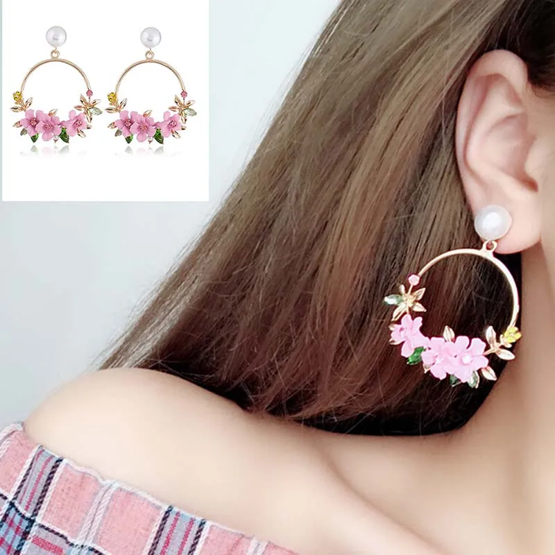 Women Charm Flower Drop Dangle Earrings Jewelry Ear Studs Wedding Jewelry Gift Women Crystal Pink Heart Long Drop Dangle Earring