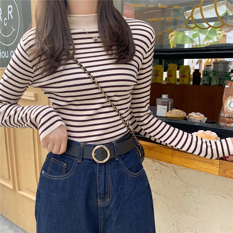 

Half Turtleneck Striped Pullover Sweater Spring Autumn Winter Korean Lady Long Sleeve Knitted Tops Womens Basic Classic Sweater
