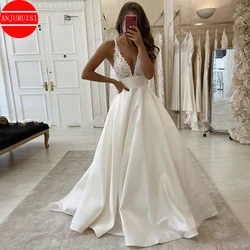 Sexy Deep V Neck Wedding Dress 2022 Boho Vestido De Noiva White Satin A Line Bridal Gowns Simple Appliques Back Less With Pocket