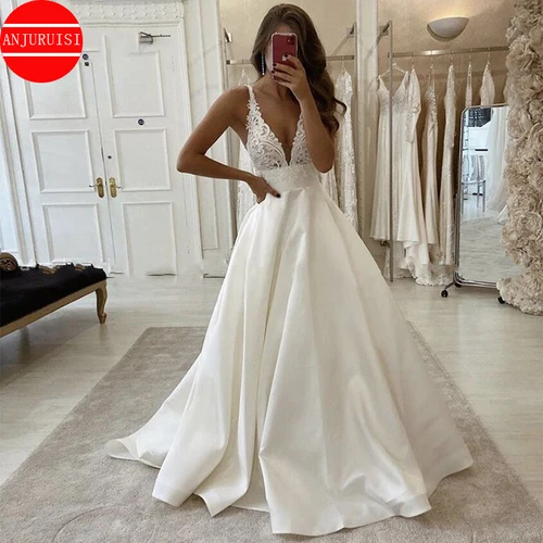 Vestido De novia blanco De satén con cuello De pico profundo, estilo bohemio, con bolsillo, apliques simples, 2022