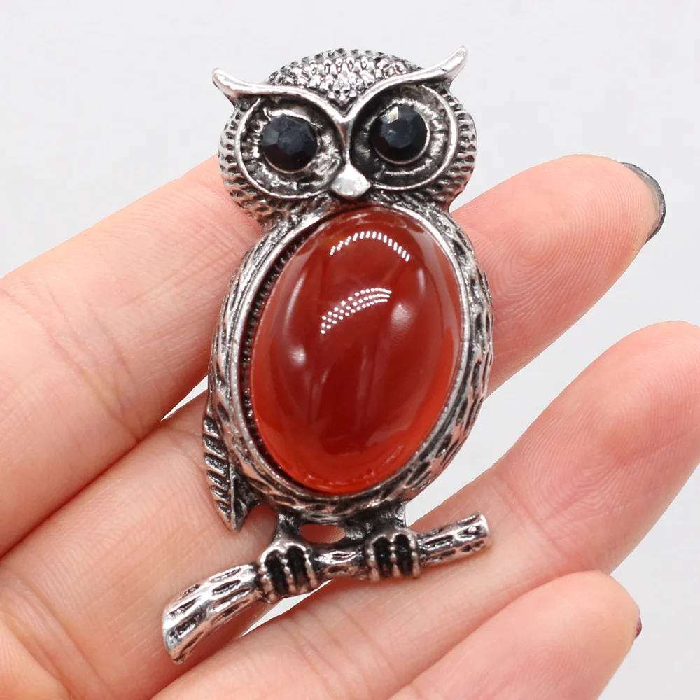 Vintage Alloy Owl Pendant Natural Stone Tiger Eye Amethysts Shell Brooches for Women Charms DIY Necklace Pins Jewelry Gift