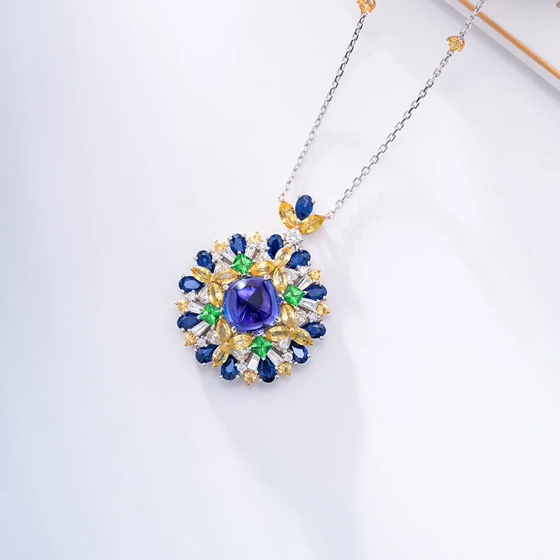 New Trendy Color  Stone Pendant Necklace Dazzling Tanzanite Silver Color Temperament Chokers  Jewelry