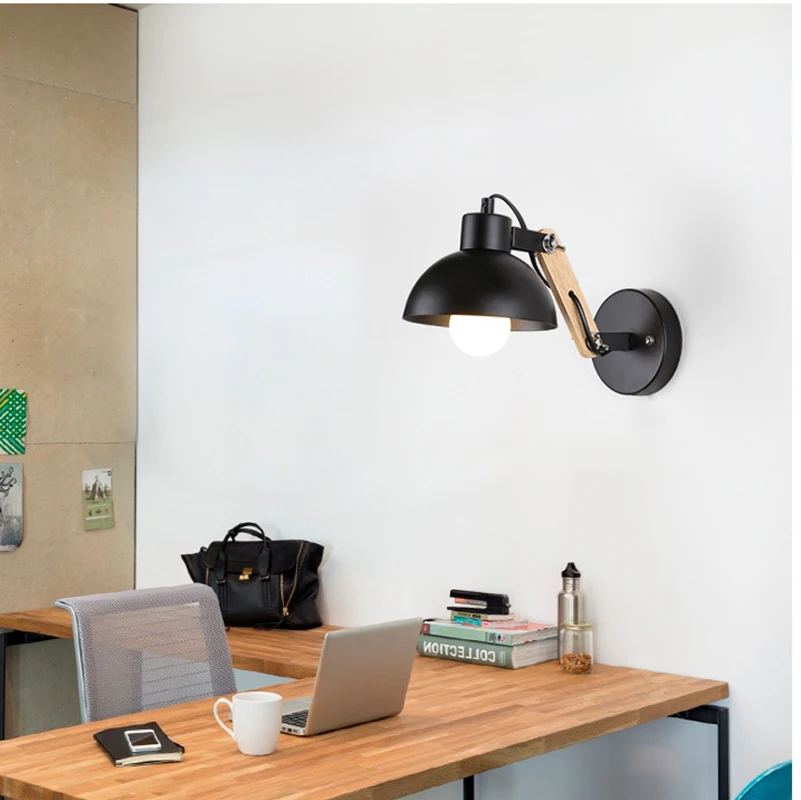 Lámpara LED de pared nórdica para mesita de noche, luces de pared de hierro y madera, práctica, ajustable, para lectura, estudio, iluminación,