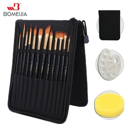 12Pcs Paint Brush Set and Palette with 12 Brushes & Canvas Bag for Watercolor Oil Acrylic Painting
