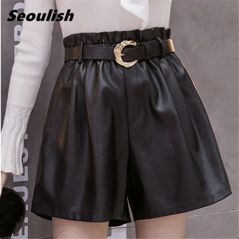 

Seoulish New 2021 Autumn Winter PU Leather Women's Shorts with Belted Stylish High Waist Casual Wide Legged Trousers Female