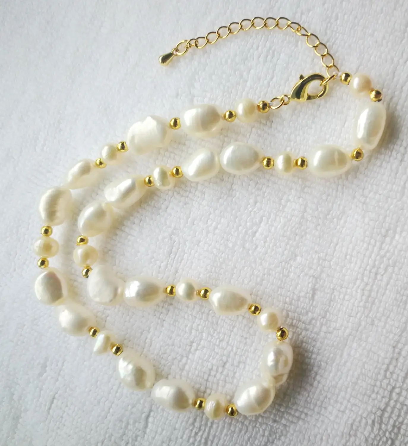 

Bright white 9x10mm baroque pearl gold beads necklace gold clasp natural Freshwater PEARL Women Jewelry 14'' 17'' 35cm 43CM