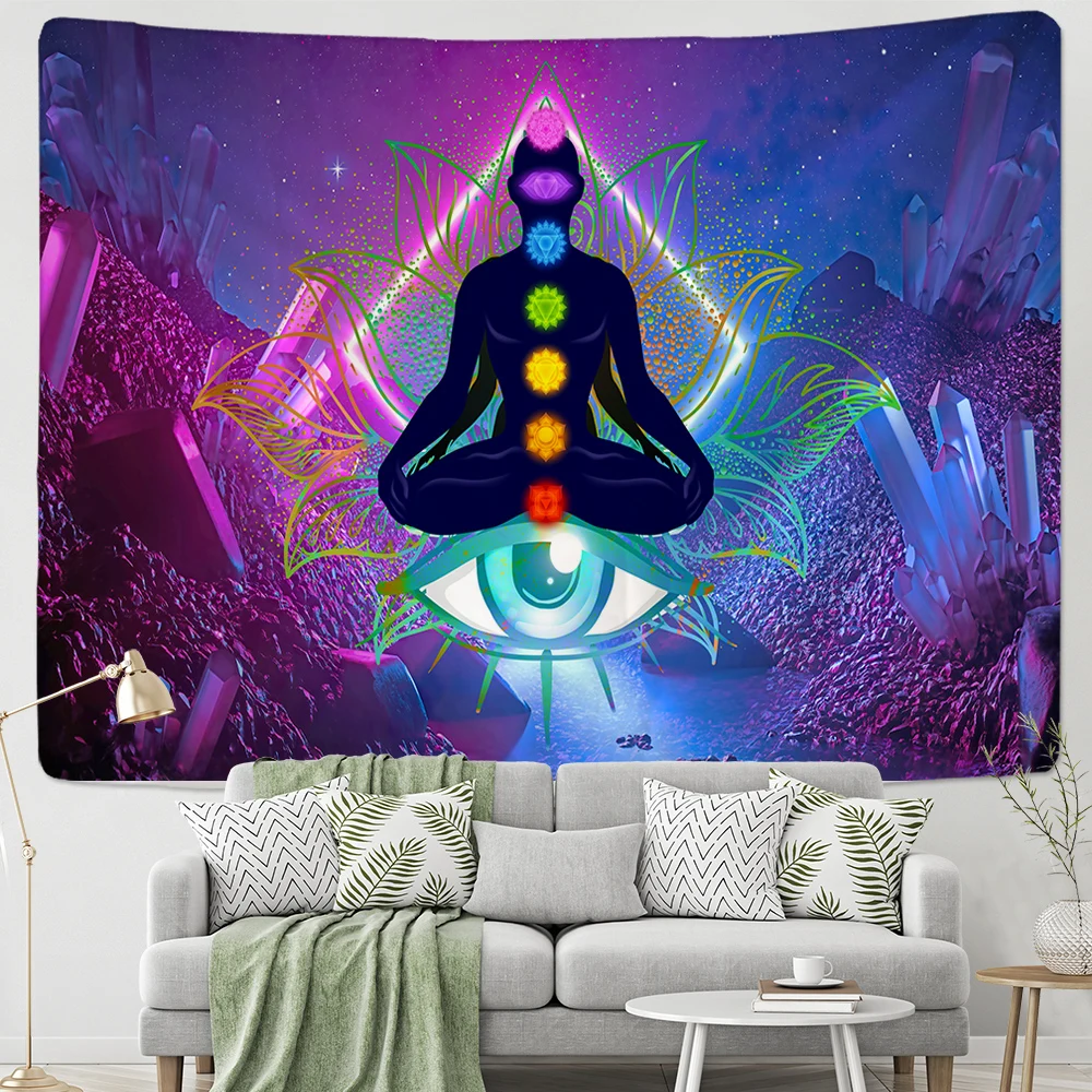 Buddha Statue Meditation 7 Chakra Tapestry Wall Hanging Psychedelic Crystal Sky Background Yoga Carpet Boho Decor