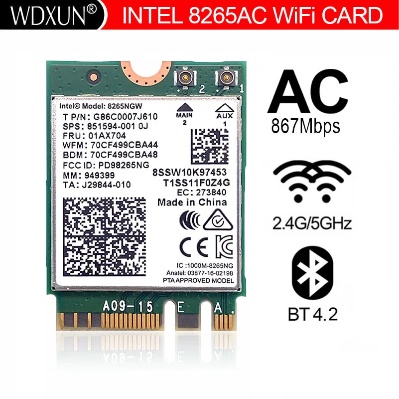 New Dual Band Wireless-AC 8265 Intel 8265HMW 2.4G/5G 802.11ac 867Mbps Bluetooth 4.2 8265AC  2x2 MU-MIMO NGFF M.2 Wifi Card