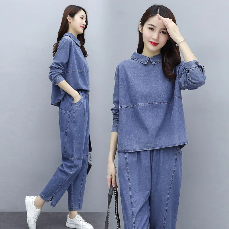 Fashion Large size Denim Suit Female 2023 Spring Autumn New Korean Loose Long-sleeved Denim+Pants Casual Student Two-piece suit