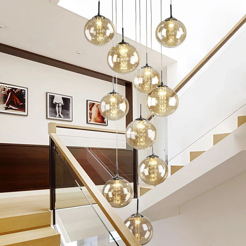 Nordic glass ball chandelier staircase black ball light spiral light g4 led staircase hotel chandelier villa lighting staircase