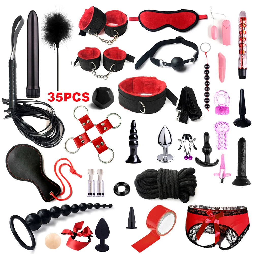 12/17/35 Pcs Adult SM Sex Products Women Sex toys Bdsm Sex Bondage Set Handcuffs Whip Anal plug Vibrator Dildo sextoy Sex Shop