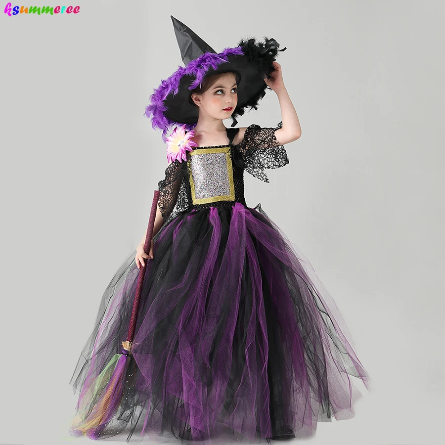 Purple Black Girls Halloween Witch Tutu Costume Dress with Hat Kids Carnival Party Cosplay Fancy Dress Up Gown Witch Dresses