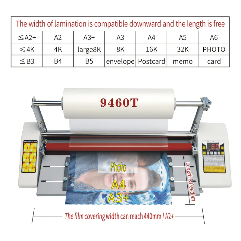 A2 Hot Roll Lamineermachine Vier Rollen Laminator Laminator Hoge-End Snelheidsregeling Thermische Laminator 110V/220V 9460T