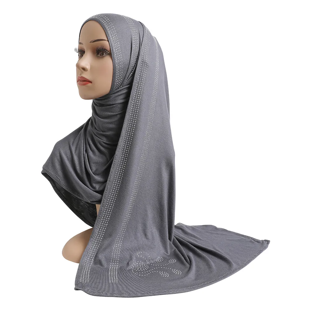 

Cotton Jersey Muslim Long Scarf with Rhinestones Modal Headscarf Islamic Hijab Shawl Arabic Rectangular Headwrap Lady Shawl Wrap