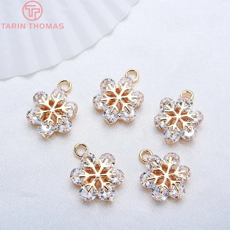 

(984)4PCS 13MM 24K Champagne Gold Color Plated Brass with Zircon Snowflake Charms Pendants High Quality Diy Jewelry Accessories