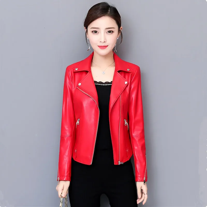 UHYTGF Kulit Domba Asli Jaket Kulit Musim Gugur Wanita Ritsleting V-neck Mantel Pendek Wanita Ramping 4XL Jaket Biker Ukuran Besar 823