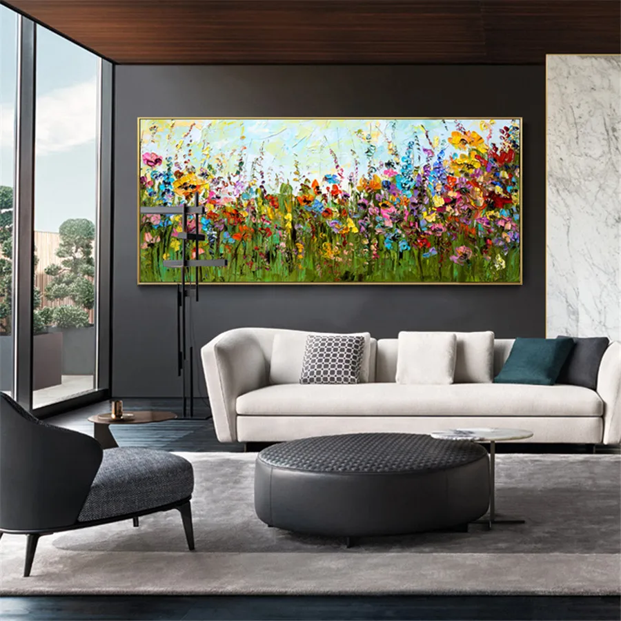 Handpainted Large Modern Knife Oil Painting On Canvas Textured Flower Picture Green Pastoral Landscape Wall Art for Living Room