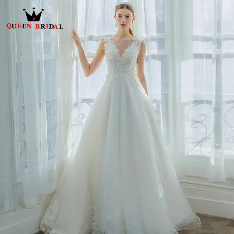 Elegant Wedding Dress A-line V-neck Tulle Lace Beading Appliques 2023 New Design Bridal Dress Custom Made SH016